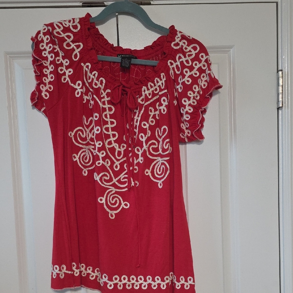 Lauren Michelle Red Blouse with White Embroidery